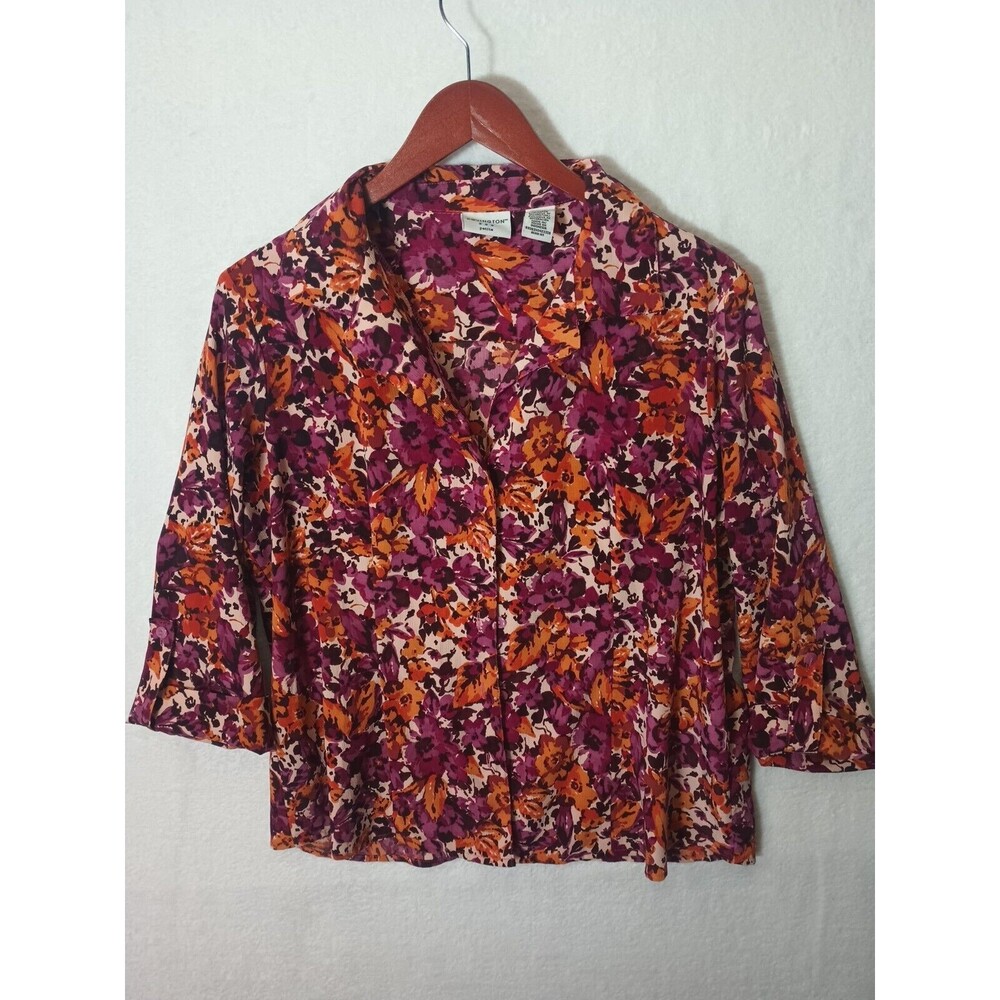 covington floral button latch sleeve ruched blouse size L Petite womens